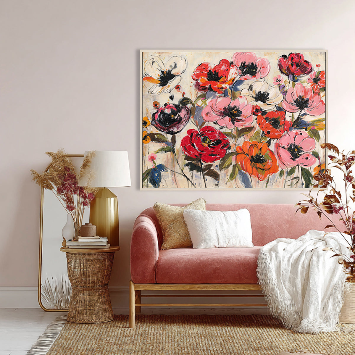 Gemälde von leuchtenden Blüten. Eine Feier der kräftigen floralen Schönheit. 