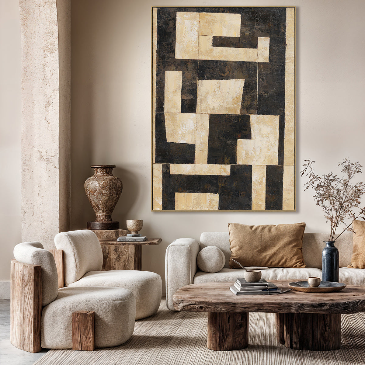Handcrafted Painting Wall Art Textured Abstract Geometric Blocks