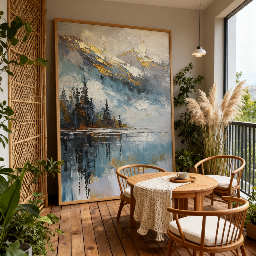 Golden Peak Lake Reflections – Impressionist Textured Hand-Painted Oil Wall Art