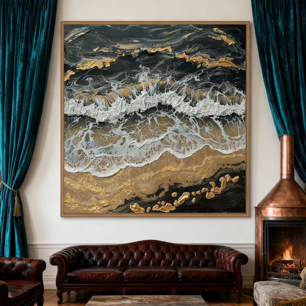 Black, White & Gold Tones – Waves, Sand & Rock Elements  Handcrafted Painting