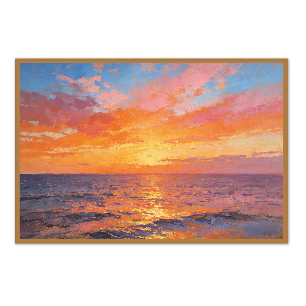 Golden Sunset Reflections – Contemporary Impressionist Hand-Painted Ocean Oil Painting Wall Art
