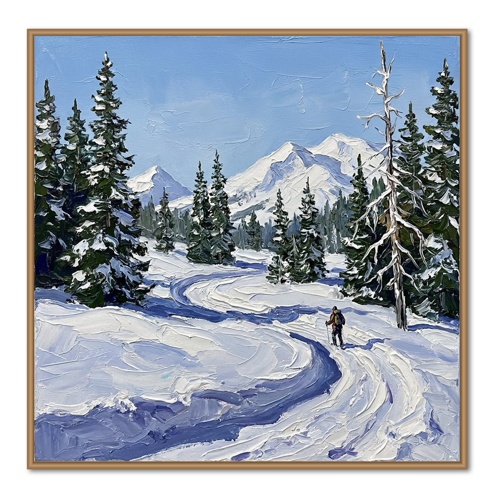 Tracks in the Winter Blue – Impressionist Snowfield Journey Oil-Style Artwork Handcrafted Painting