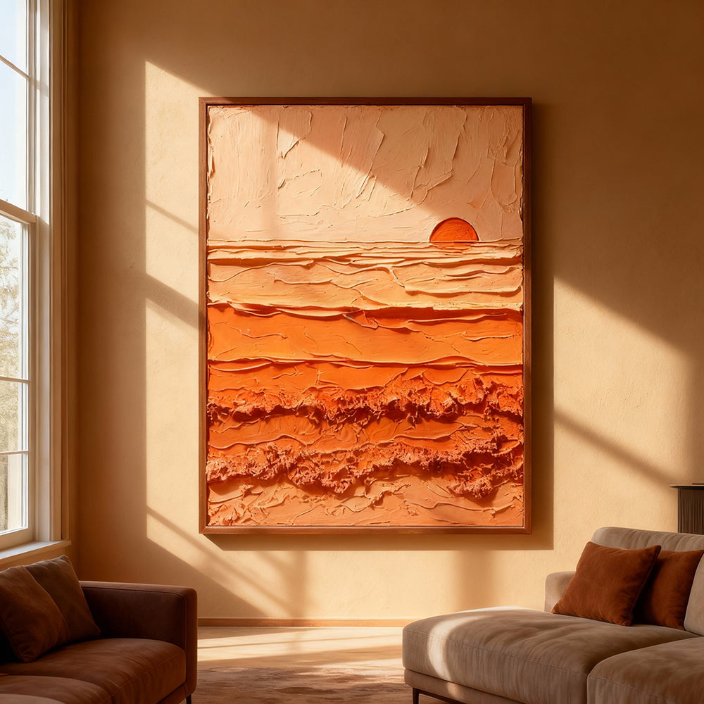 Sunrise Harmony – Abstract Texture Landscape in Warm Orange Tones, Sunset Over Waves