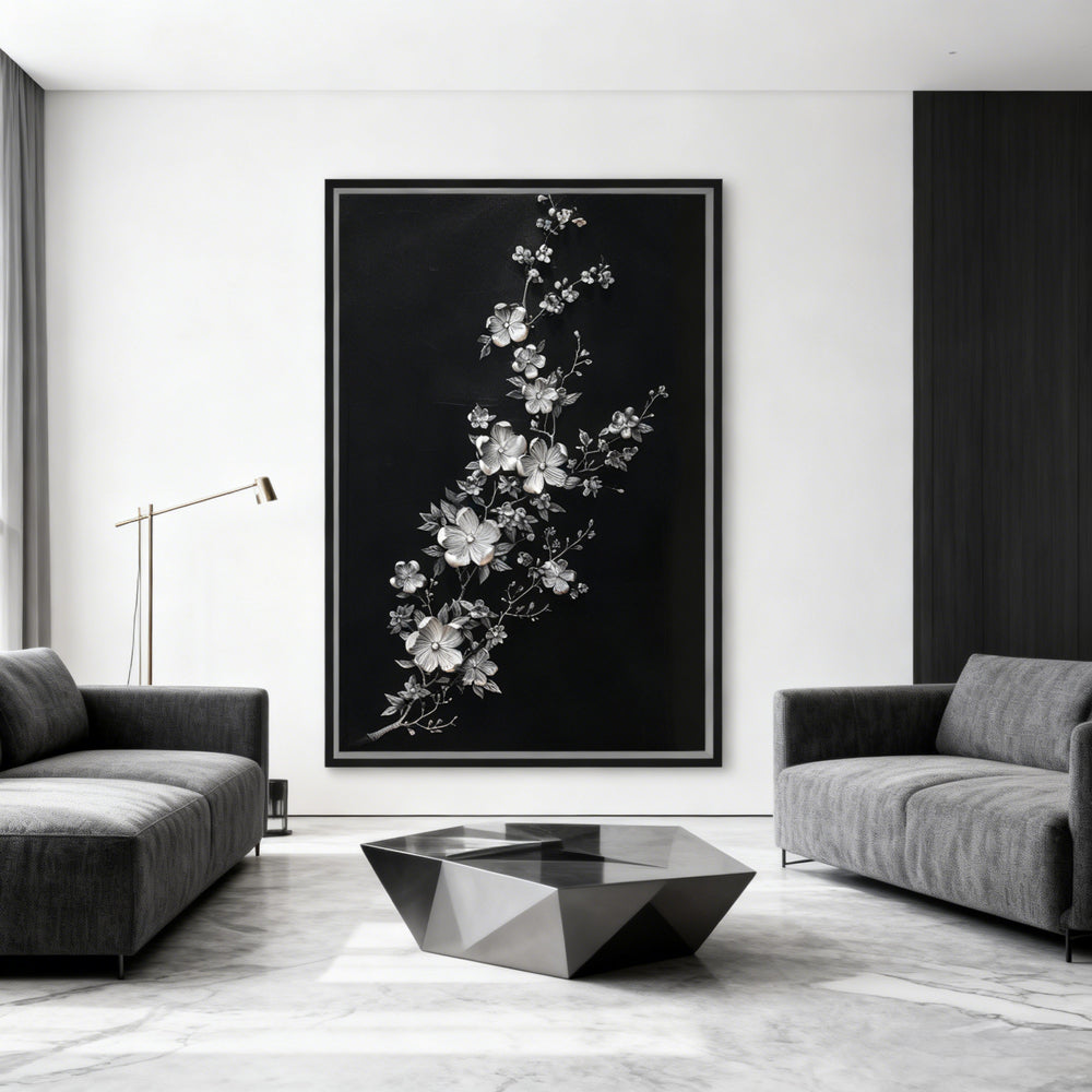Silver Blossom Elegance – Modern Minimal Relief Style Handmade Oil Painting Wall Art