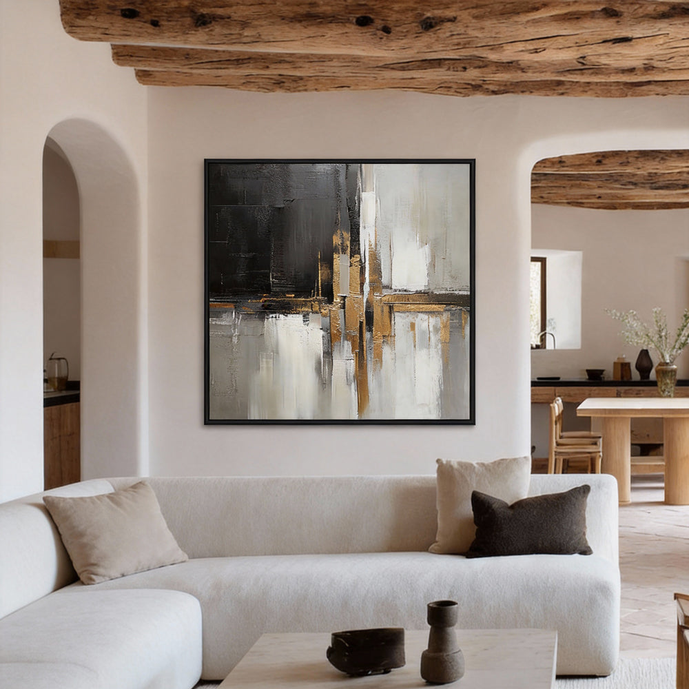 Handcrafted Elegance Golden Glow and Ink Shadow Harmony Painting-square canvas