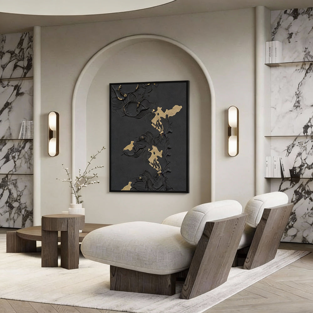 Handmade Abstract Wall Art – Black Textured Painting with Gold Accents-Portrait Orientation