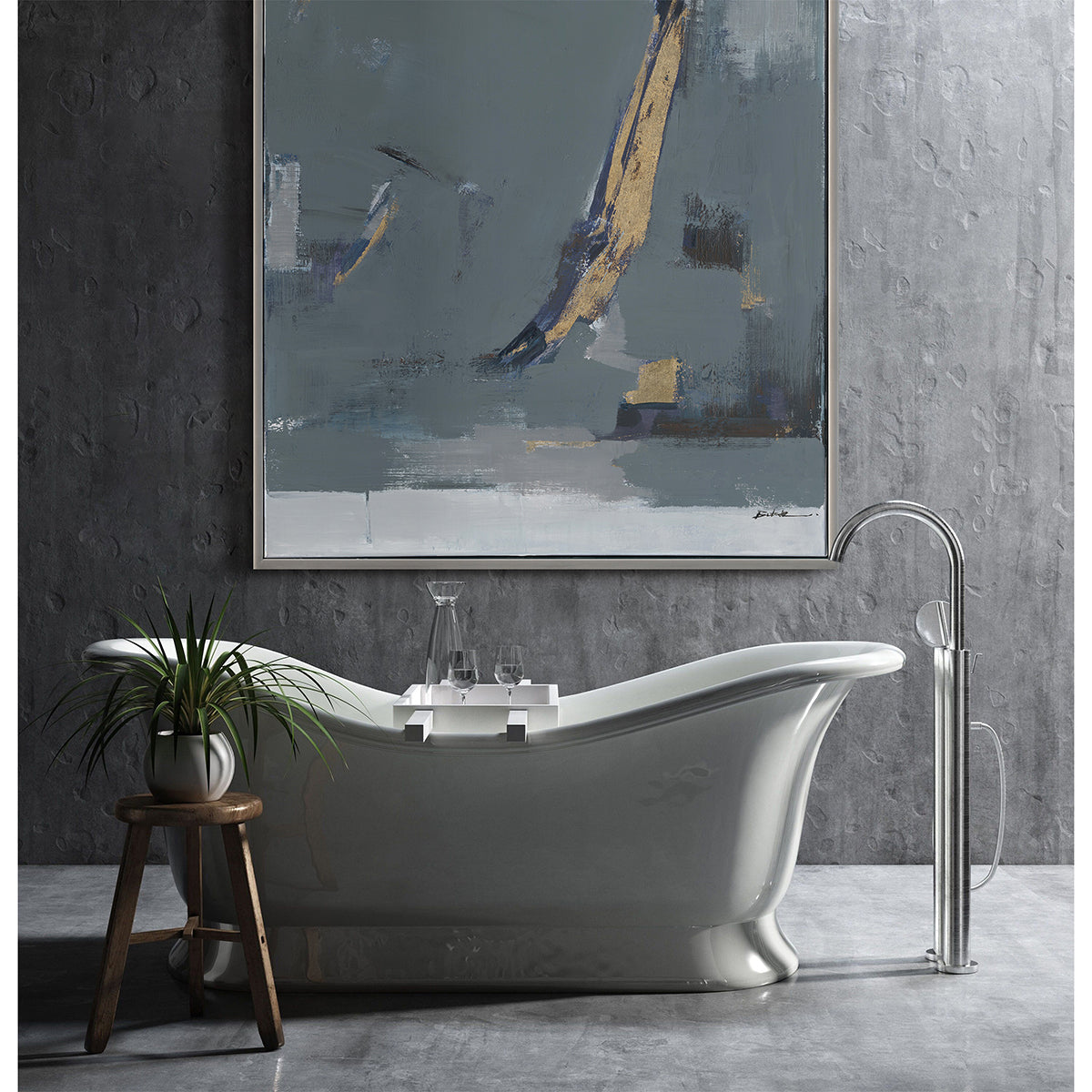 Minimalist abstraction in muted greys and gold creates balance, mystery, and sophistication