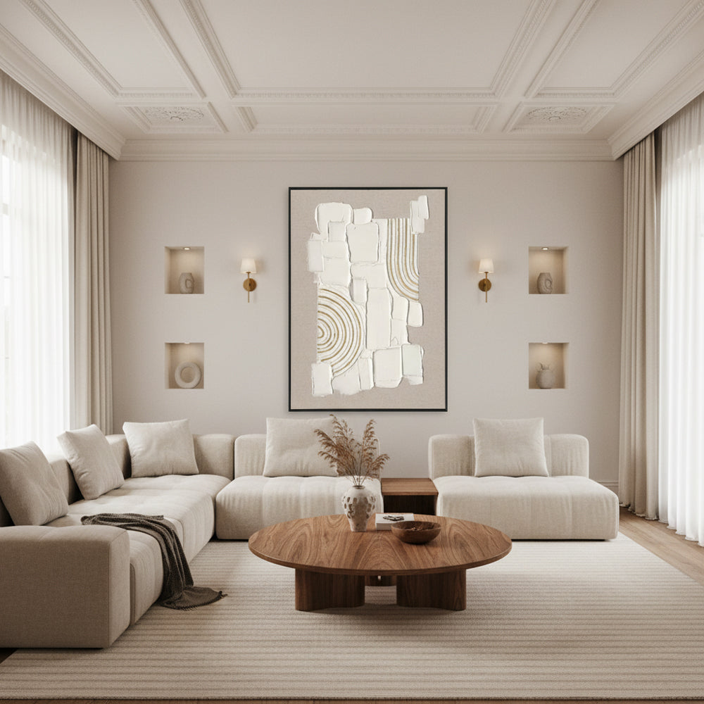 Arte original con textura hecha a mano, elaborada con yeso y líneas doradas, que añade una profundidad única y un encanto moderno y sereno Wabi-Sabi.