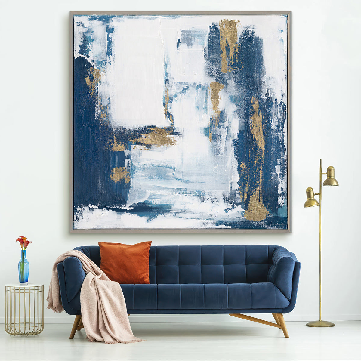 Abstract layers of white, blue, and gold bring power and timeless refinement.