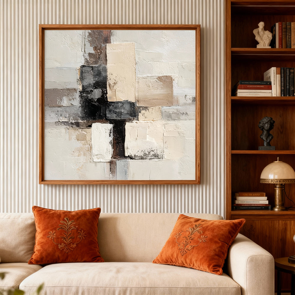 Silent Boundaries – Geometric Abstract Texture Painting, Handmade Oil Wall Art for Modern Minimalist Interiors