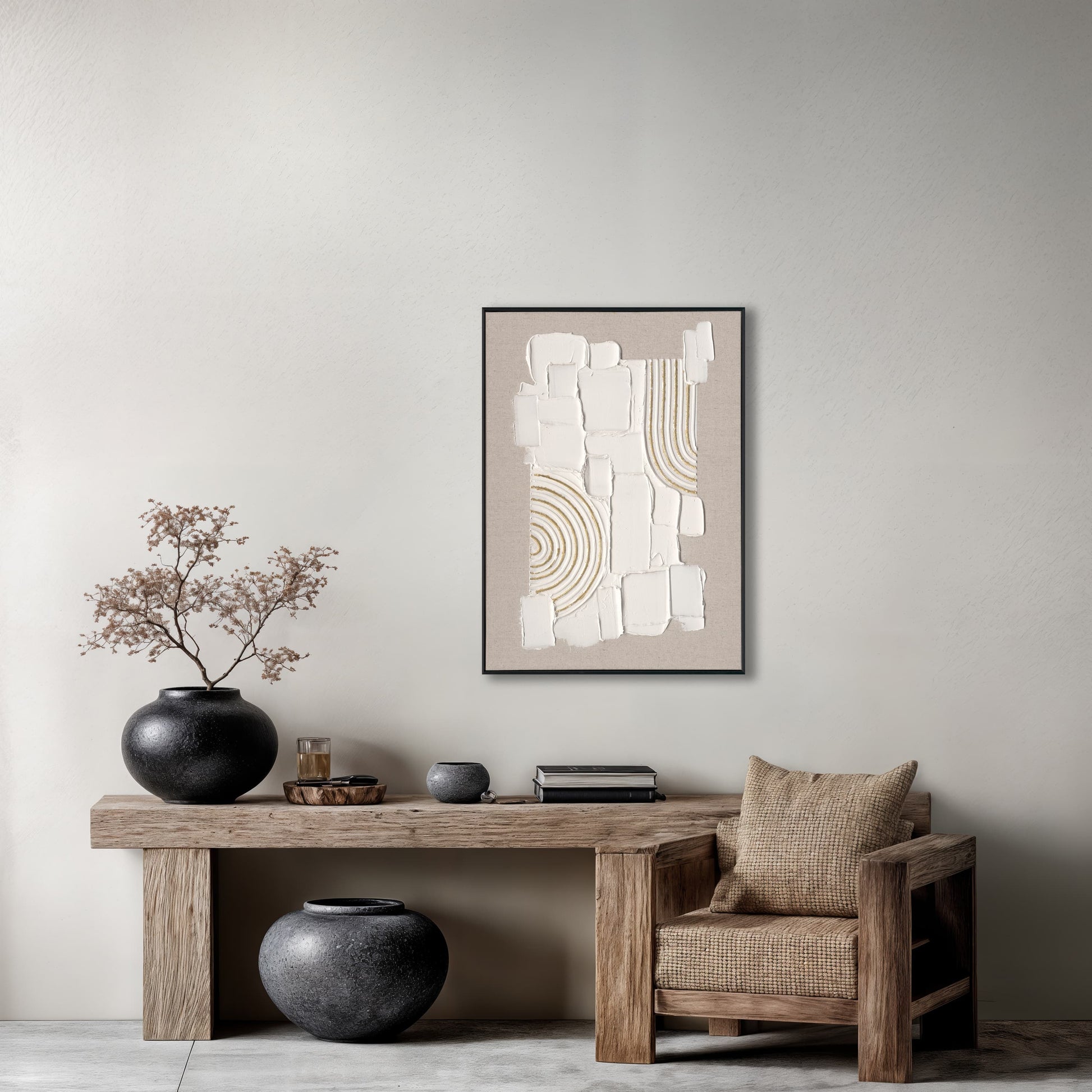 Original handmade texture art, crafted with plaster and golden lines, adding unique depth and serene modern Wabi-Sabi charm.