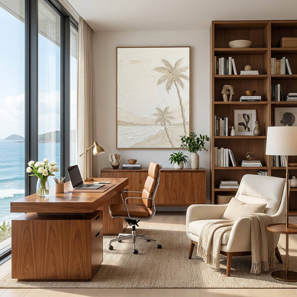 Coastal Palm Whisper | Minimal Textured Seascape Style Hand-Painted Oil Painting Wall Art