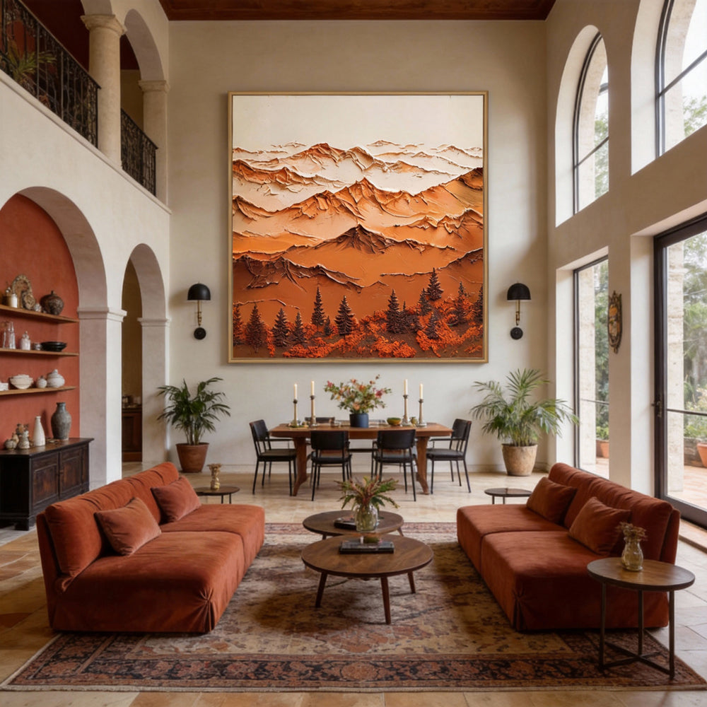 Majestic Mountain Serenity – Abstract Texture Landscape in Warm Earth Tones, Layered Peaks and Forest Elements-square canvas