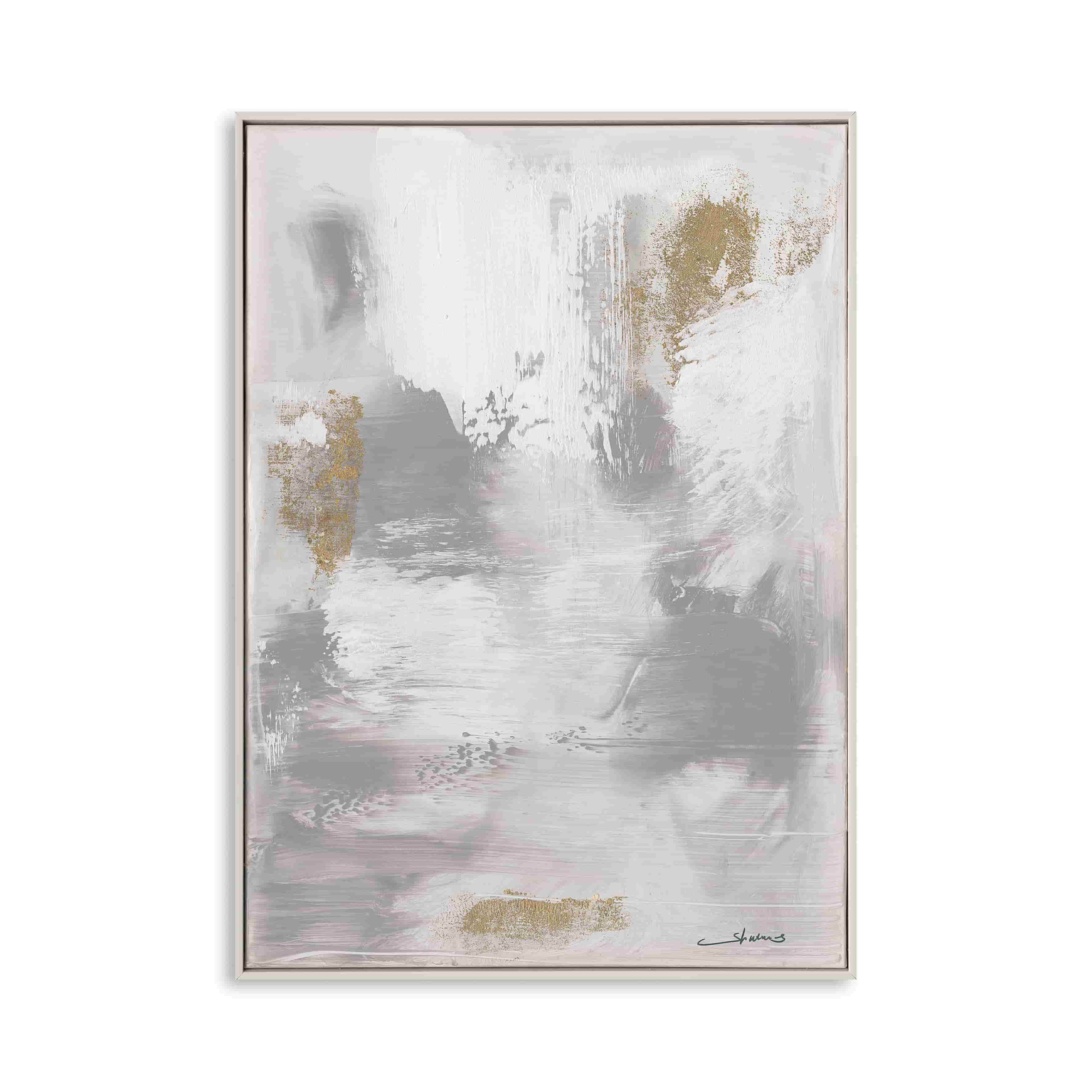 Handmade Abstract Wall Art – Gray and White Painting with Gold Accents