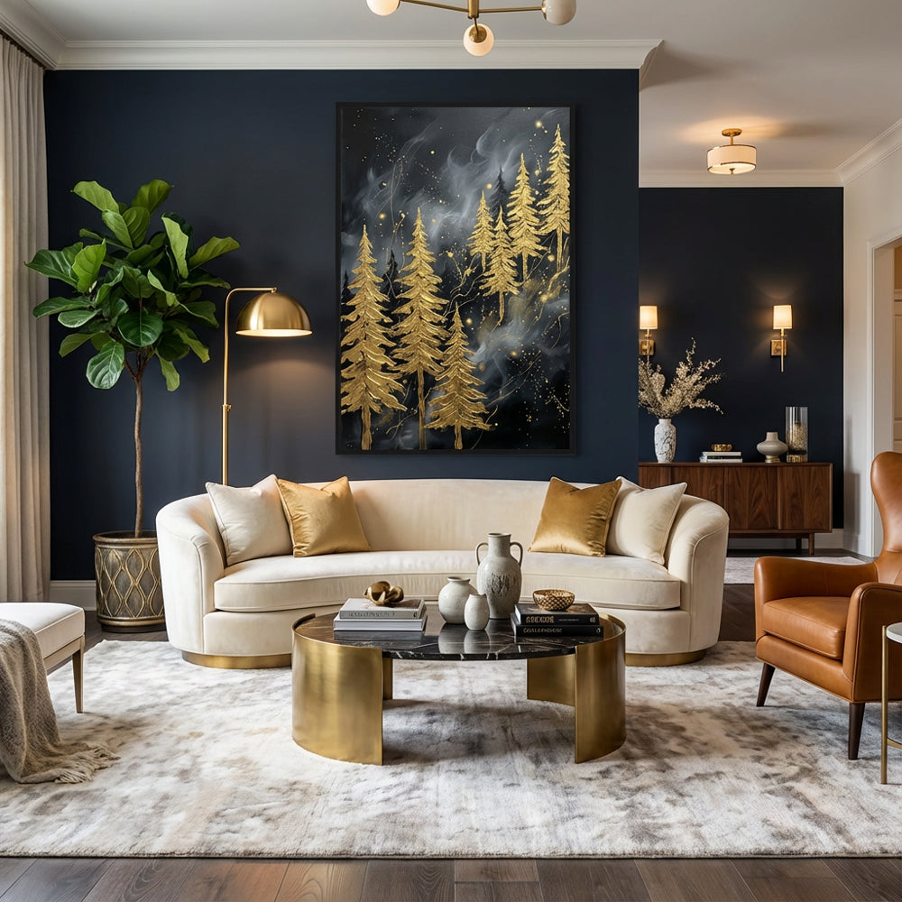 Golden Whispering Pines – Abstract Metallic Forest Oil-Style Artwork Handcrafted Painting