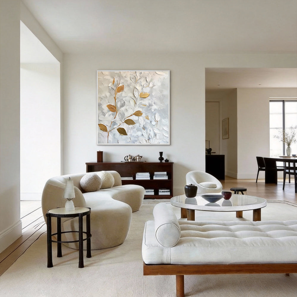 Still Veins– Hand-Painted Textured Floral Oil Painting Wall Art in White and Gold-square canvas