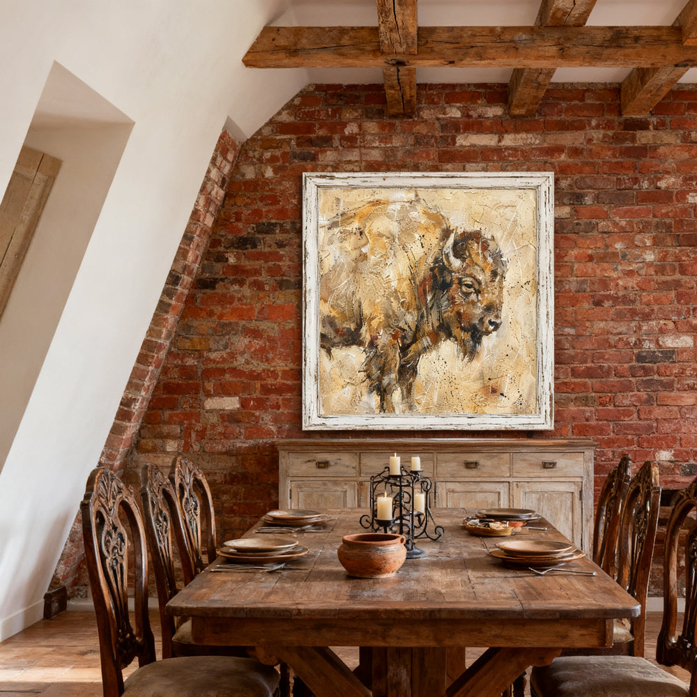 Bison Wildlife Art Painting – Textured Expressionist Style – Earthy Brown Tones – Abstract Brush & Splatter Elements