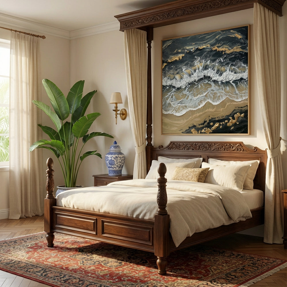 Black, White & Gold Tones – Waves, Sand & Rock Elements  Handcrafted Painting