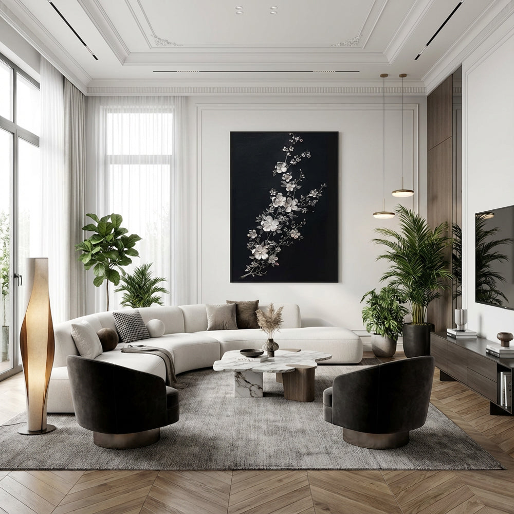 Silver Blossom Elegance – Modern Minimal Relief Style Handmade Oil Painting Wall Art