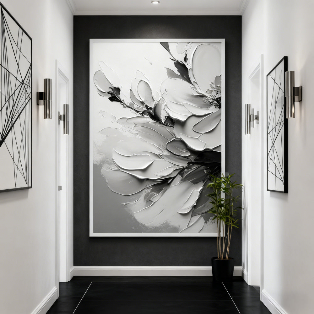 Monochrome Blossom Texture Art – Minimalist Impressionistic Floral Style Handmade Oil Painting Wall Art