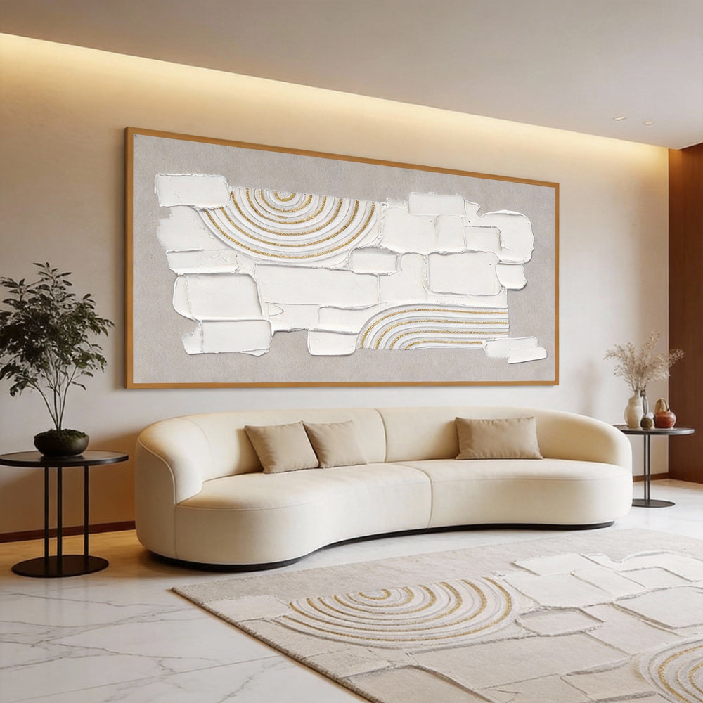 Original handmade texture art, crafted with plaster and golden lines, adding unique depth and serene modern Wabi-Sabi charm.--Landscape Orientation