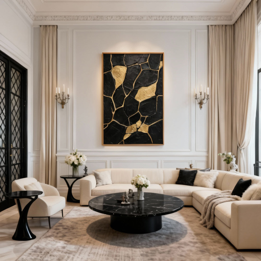 Veins of Gold Silence | Contemporary Abstract Black & Gold Hand-Painted Oil Painting Wall Art