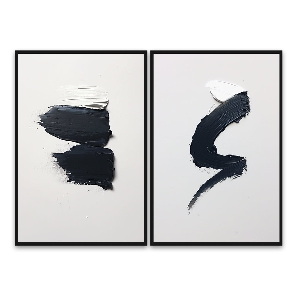 Black & White Stroke Duo – Minimalist Abstract Style Handmade Oil Painting Wall Art (Set of 2)