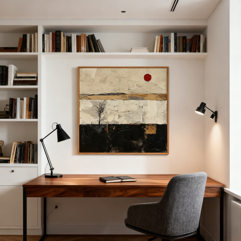 Lone Tree & Red Sun Landscape Theme Painting – Modern Abstract Style Handmade Oil Painting Wall Art