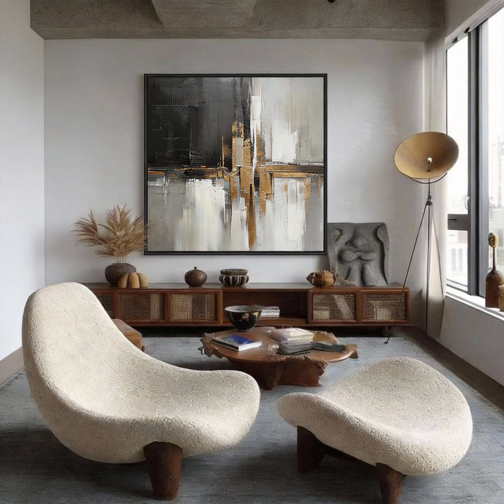 Handcrafted Elegance Golden Glow and Ink Shadow Harmony Painting-square canvas