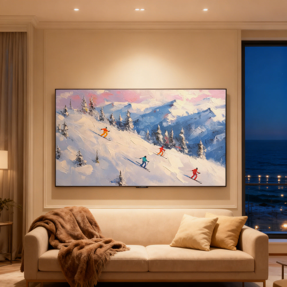 Alpine Sunset Ski Escape – Impressionist Impasto Style Handmade Oil Painting Wall Art
