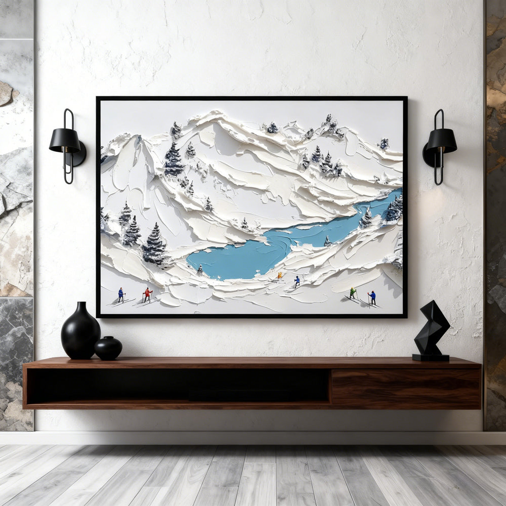 Winter Expedition – Handcrafted Palette Knife Painting, Snowy Mountain Landscape, Skiers in the Alps