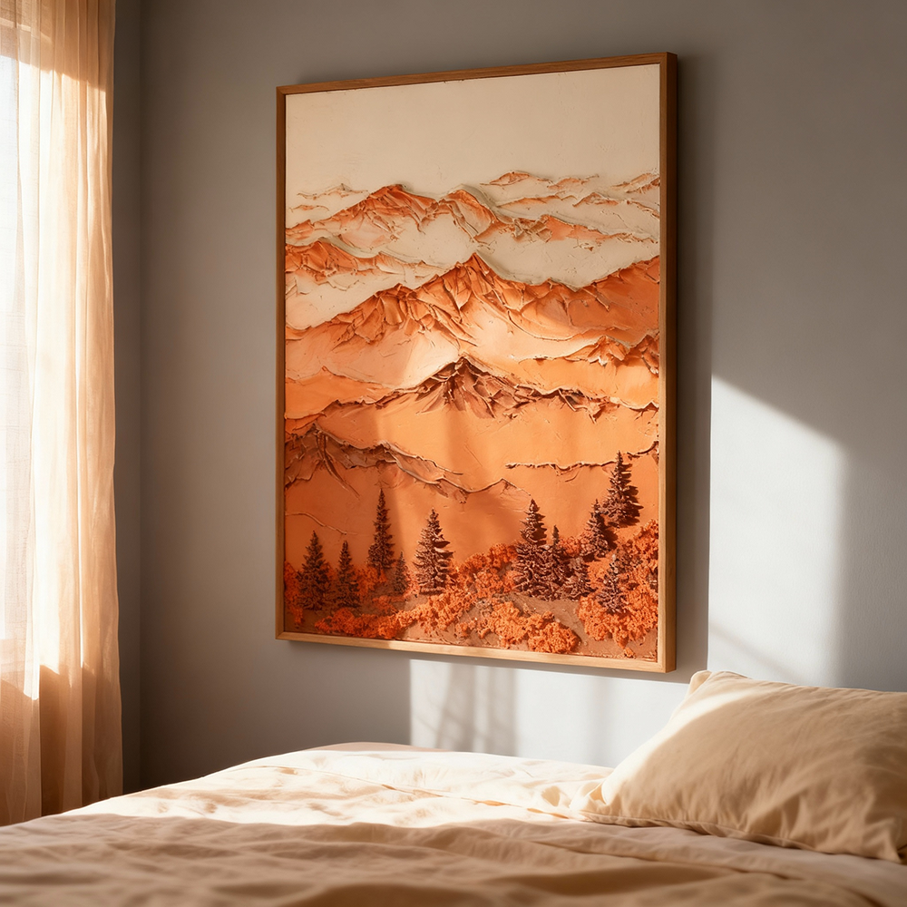 Majestic Mountain Serenity – Abstract Texture Landscape in Warm Earth Tones, Layered Peaks and Forest Elements