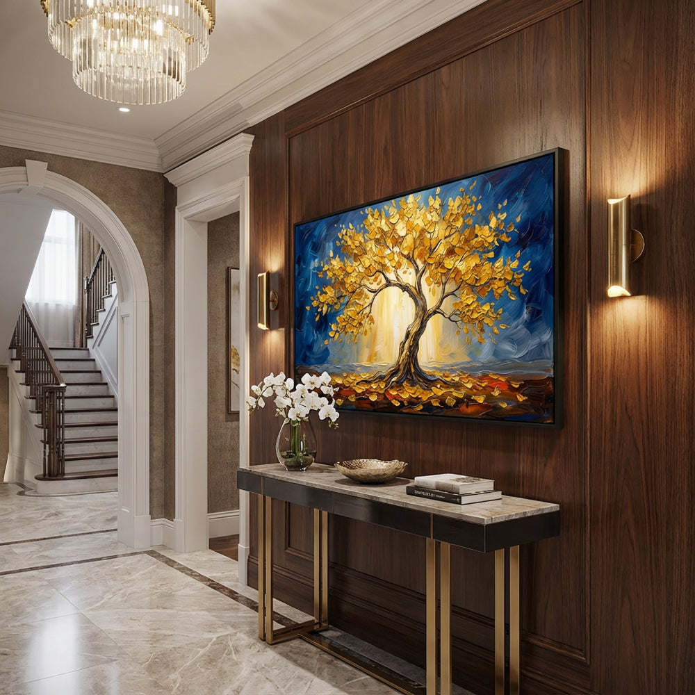 Golden Tree of Light | Modern Abstract Landscape Style Hand-Painted Oil Painting Wall Art