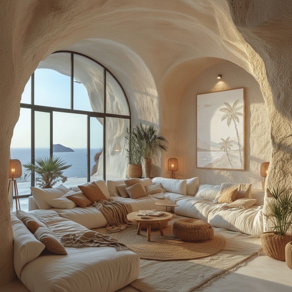 Coastal Palm Whisper | Minimal Textured Seascape Style Hand-Painted Oil Painting Wall Art