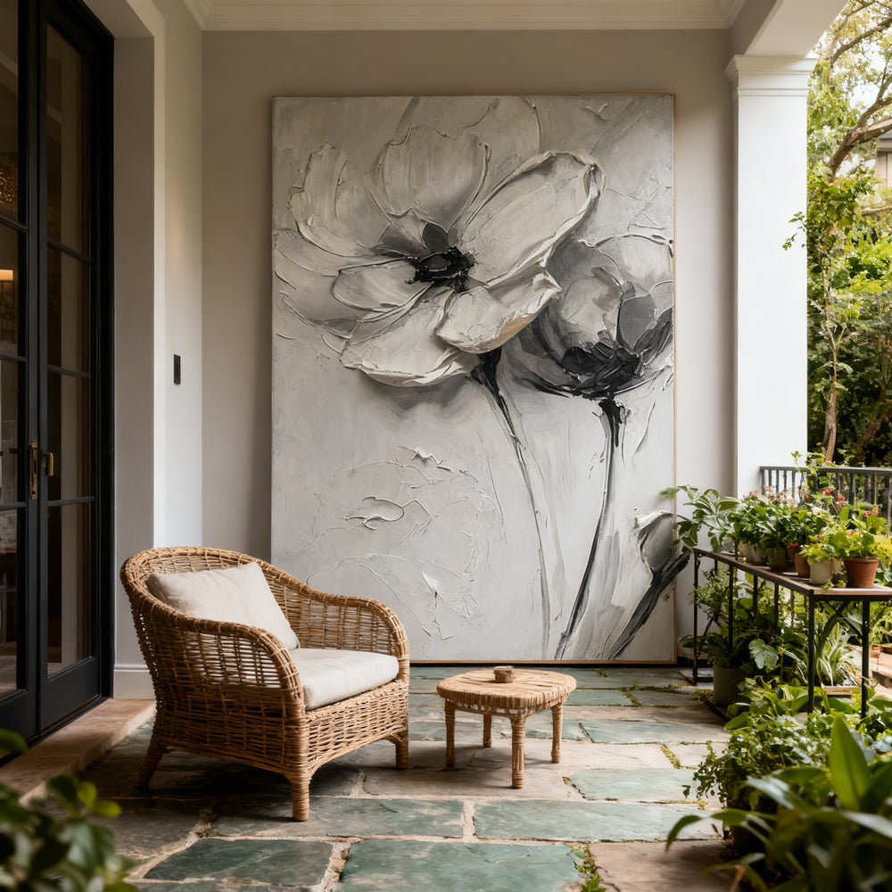 Monochrome Petal Duo Texture Art – Minimalist Impressionistic Floral Style Handmade Oil Painting Wall Art