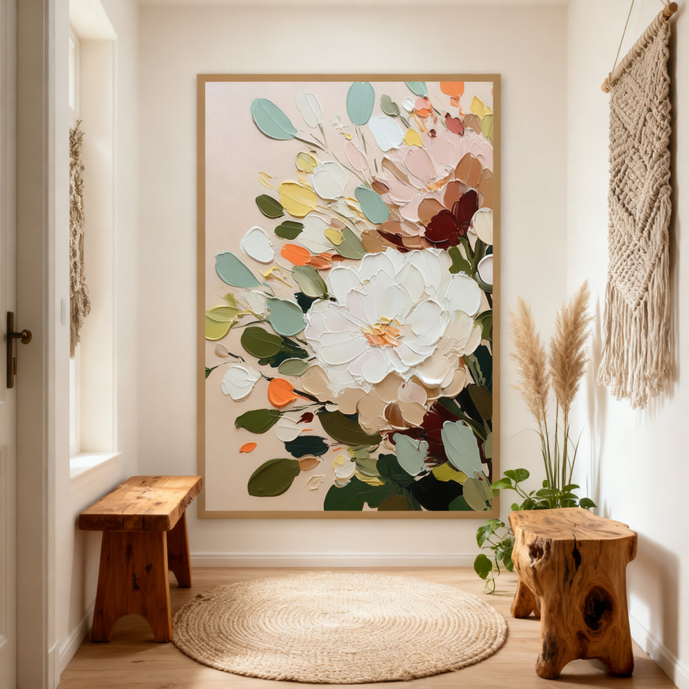 Blossom Radiance Bouquet – Modern Floral Palette Knife Style Handmade Oil Painting Wall Art