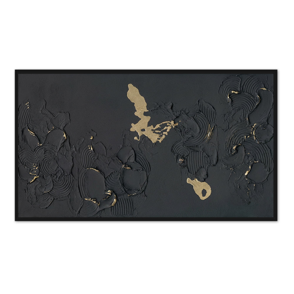 Handmade Abstract Wall Art – Black Textured Painting with Gold Accents-Landscape Orientation