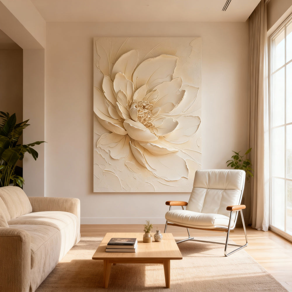 Ivory Bloom Texture Art – Impressionistic Floral Style Handmade Oil Painting Wall Art