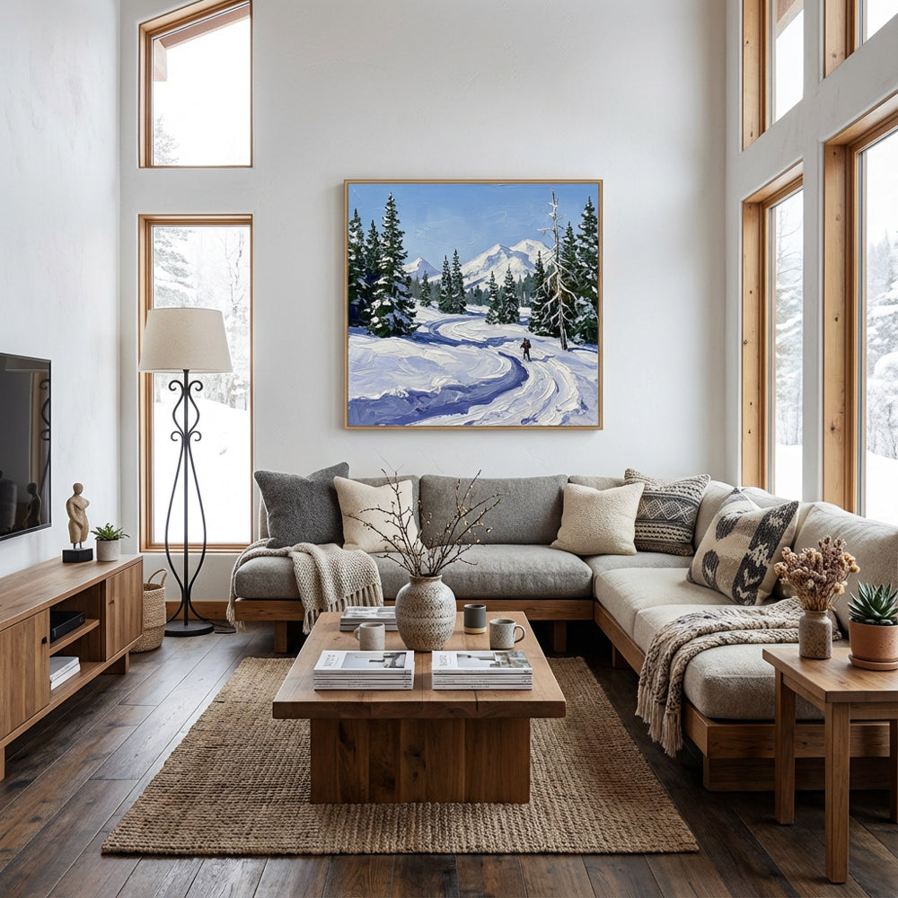 Tracks in the Winter Blue – Impressionist Snowfield Journey Oil-Style Artwork Handcrafted Painting