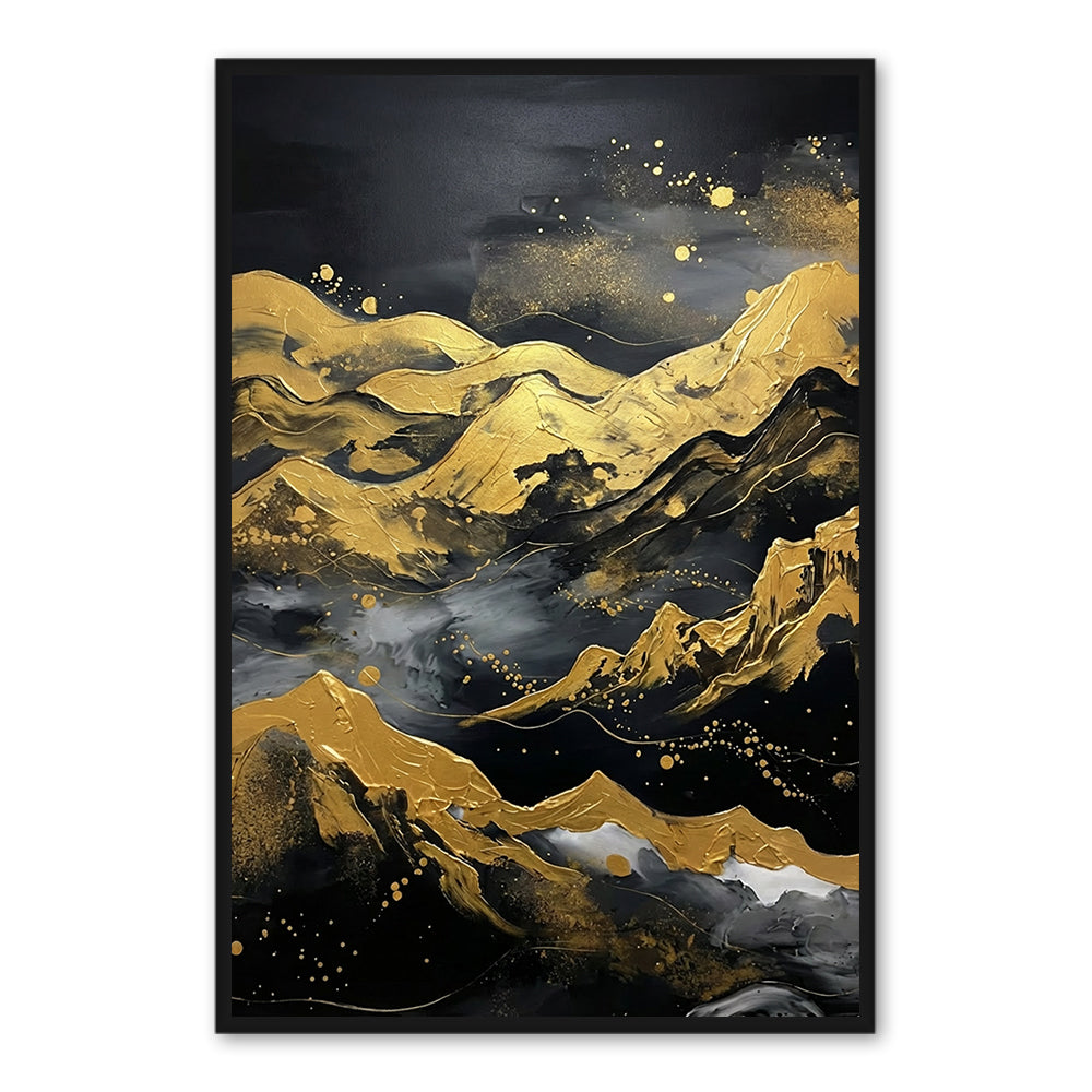 Golden Night Peaks – Abstract Metallic Landscape Oil-Style Artwork Handcrafted Painting
