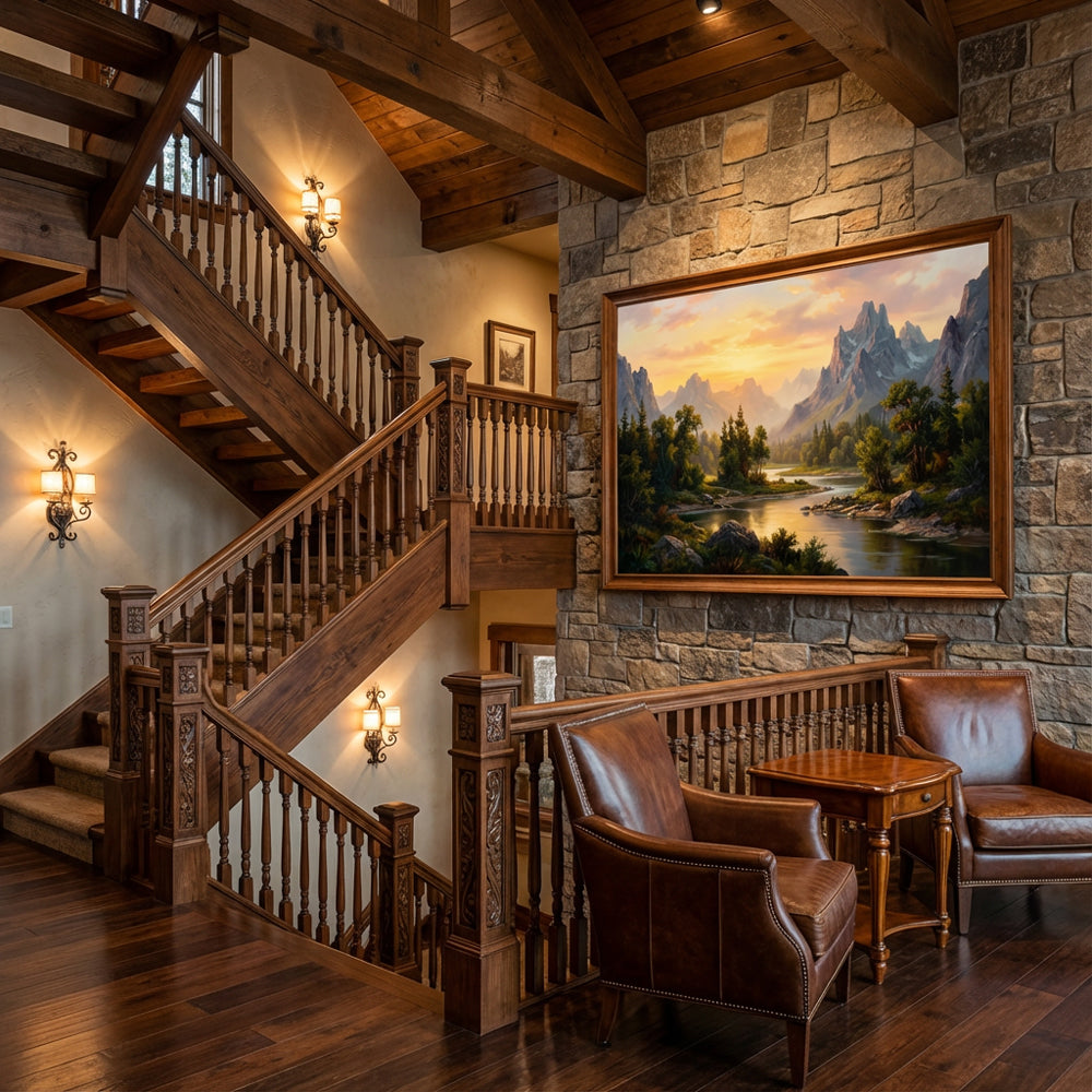 Sunlit Valley Serenity – Realist Mountain River Landscape Oil-Style Artwork Handcrafted Painting