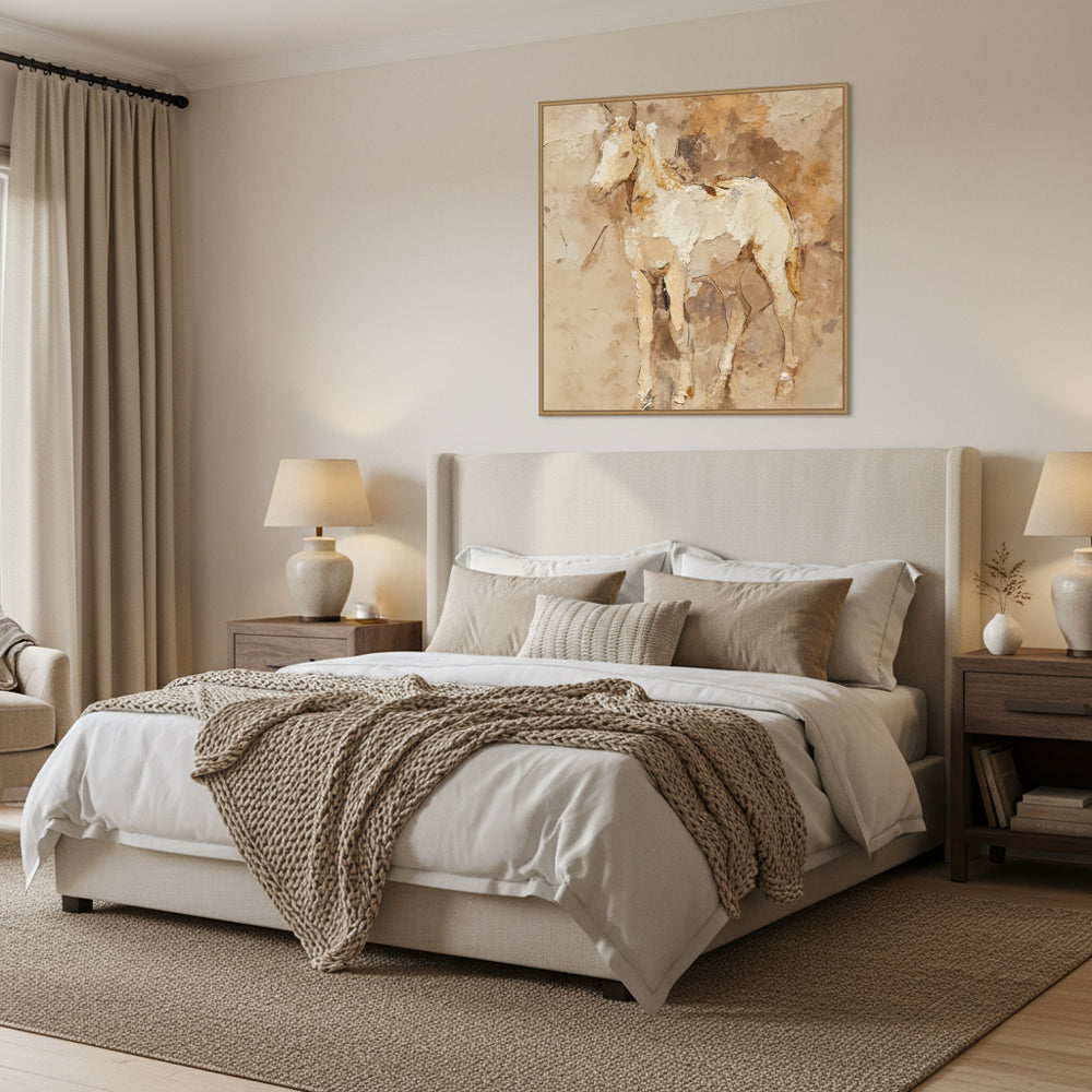 Horse Portrait Art Panel – Impasto Texture Painting – Neutral Beige Tones – Equine Figurative Wall Art