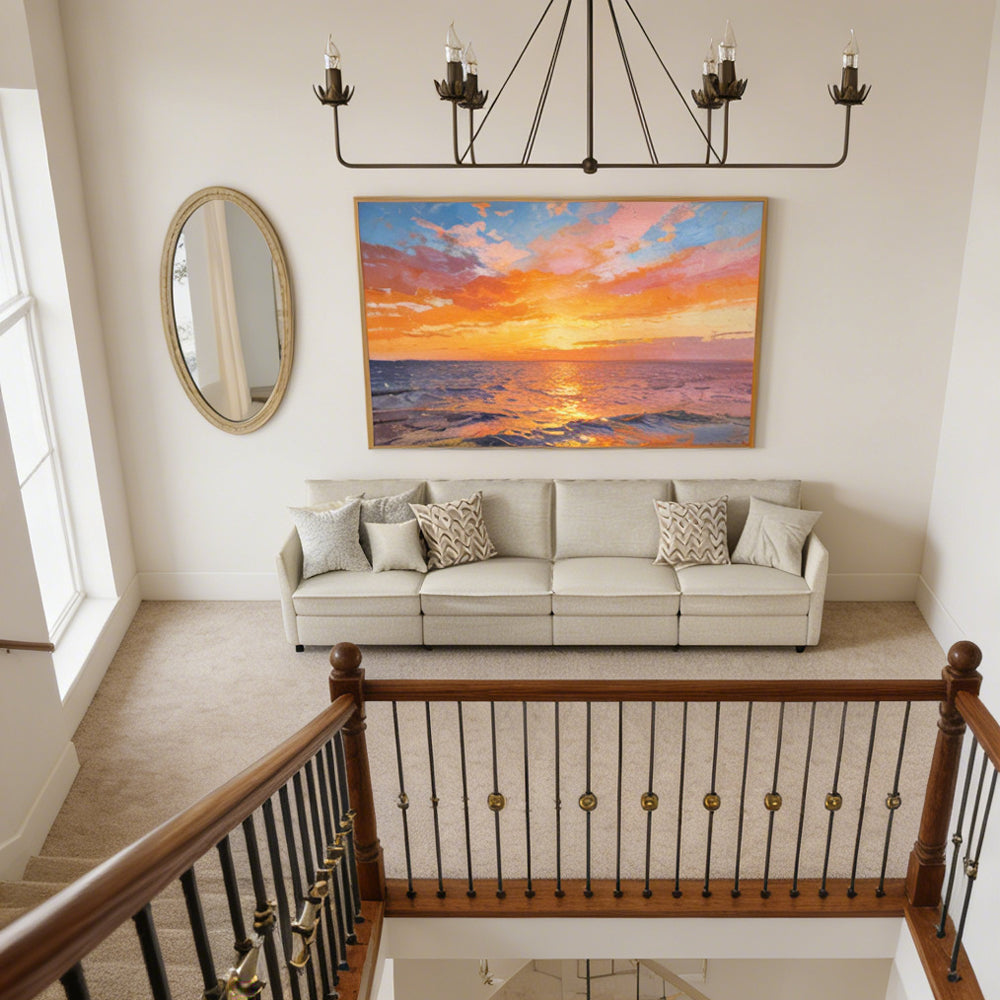 Golden Sunset Reflections – Contemporary Impressionist Hand-Painted Ocean Oil Painting Wall Art