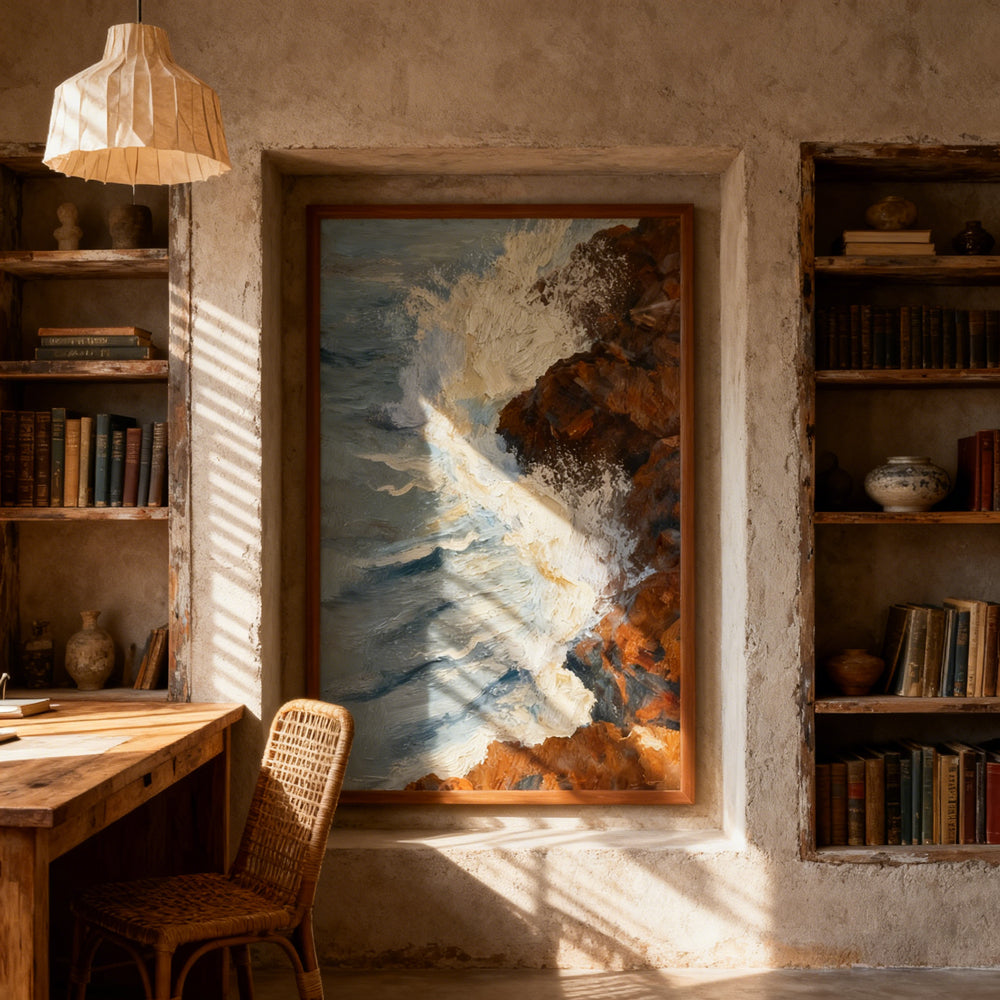 Waves Against the Cliffs Texture Art – Impressionistic Seascape Style Handmade Oil Painting Wall Art