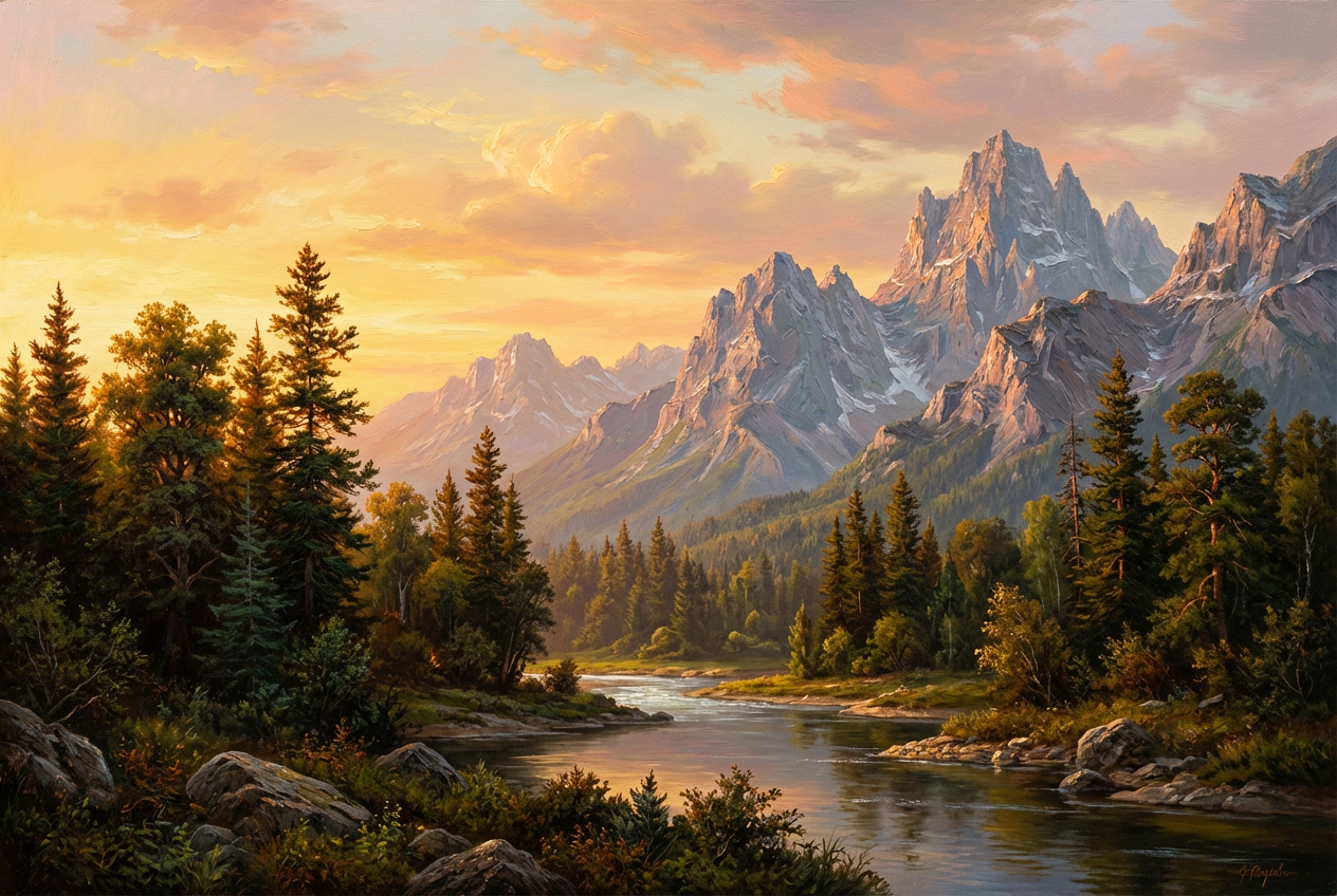 Golden Horizon Peaks – Realist Sunset Mountain Landscape Oil-Style Artwork Handcrafted Painting