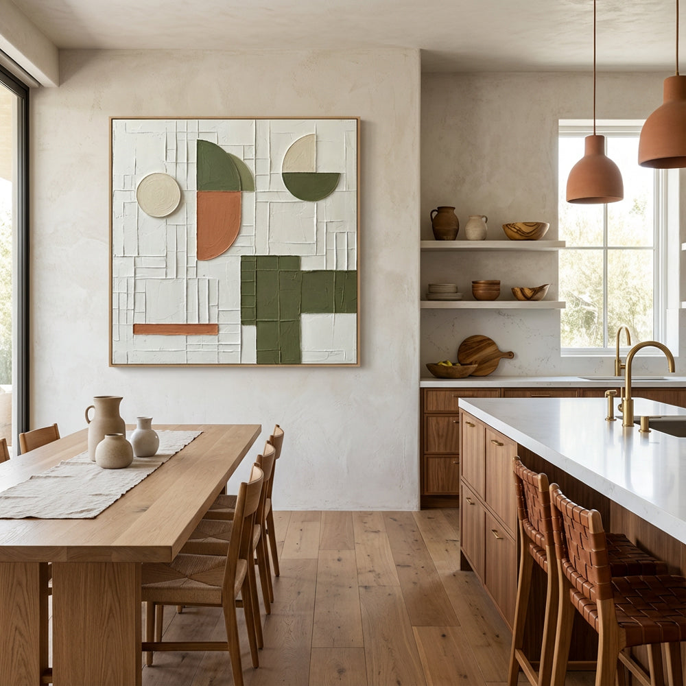 Geometric Abstract Wall Art – Minimalist Textured Design paintings – White, Olive & Terracotta Palette – Shapes & Grid Elements