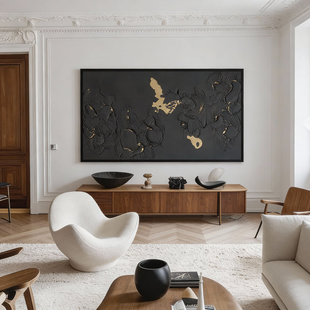 Handmade Abstract Wall Art – Black Textured Painting with Gold Accents-Landscape Orientation