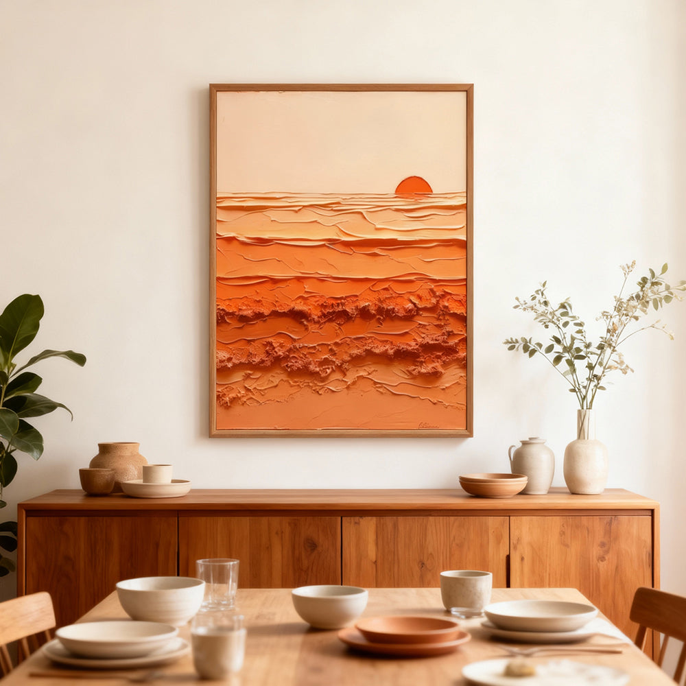 Sunrise Harmony – Abstract Texture Landscape in Warm Orange Tones, Sunset Over Waves