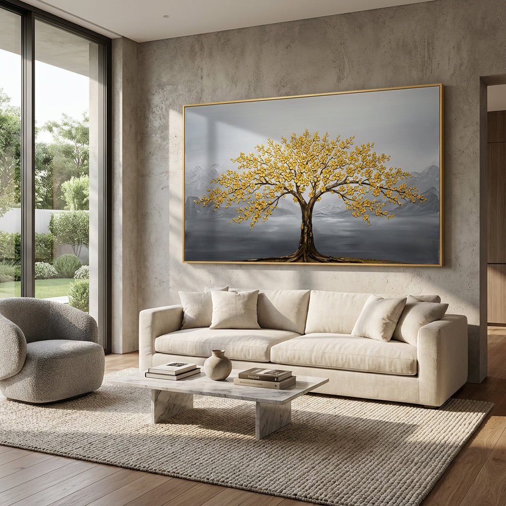 Golden Blossom Tree Painting – Modern Textured Art Style  Handcrafted  wall art