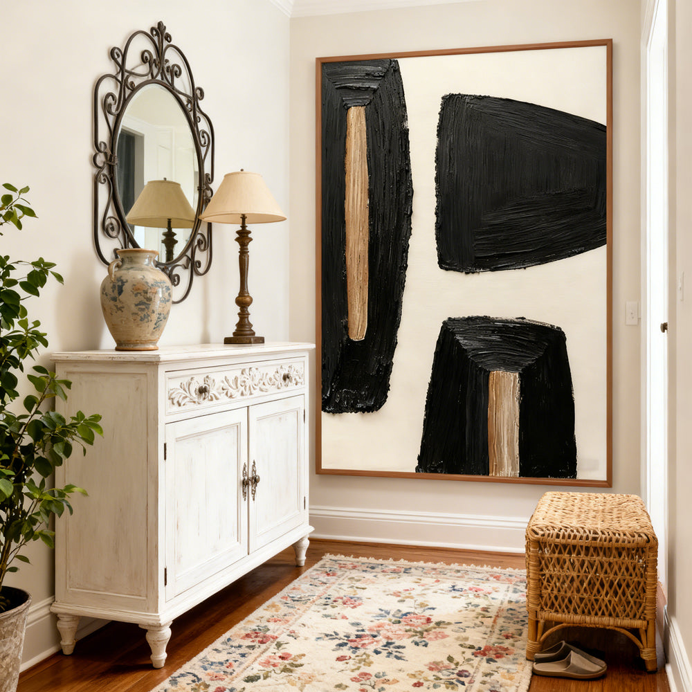 Geometric Noir Texture Forms – Modern Minimalist Style Handmade Abstract Oil Painting Wall Art